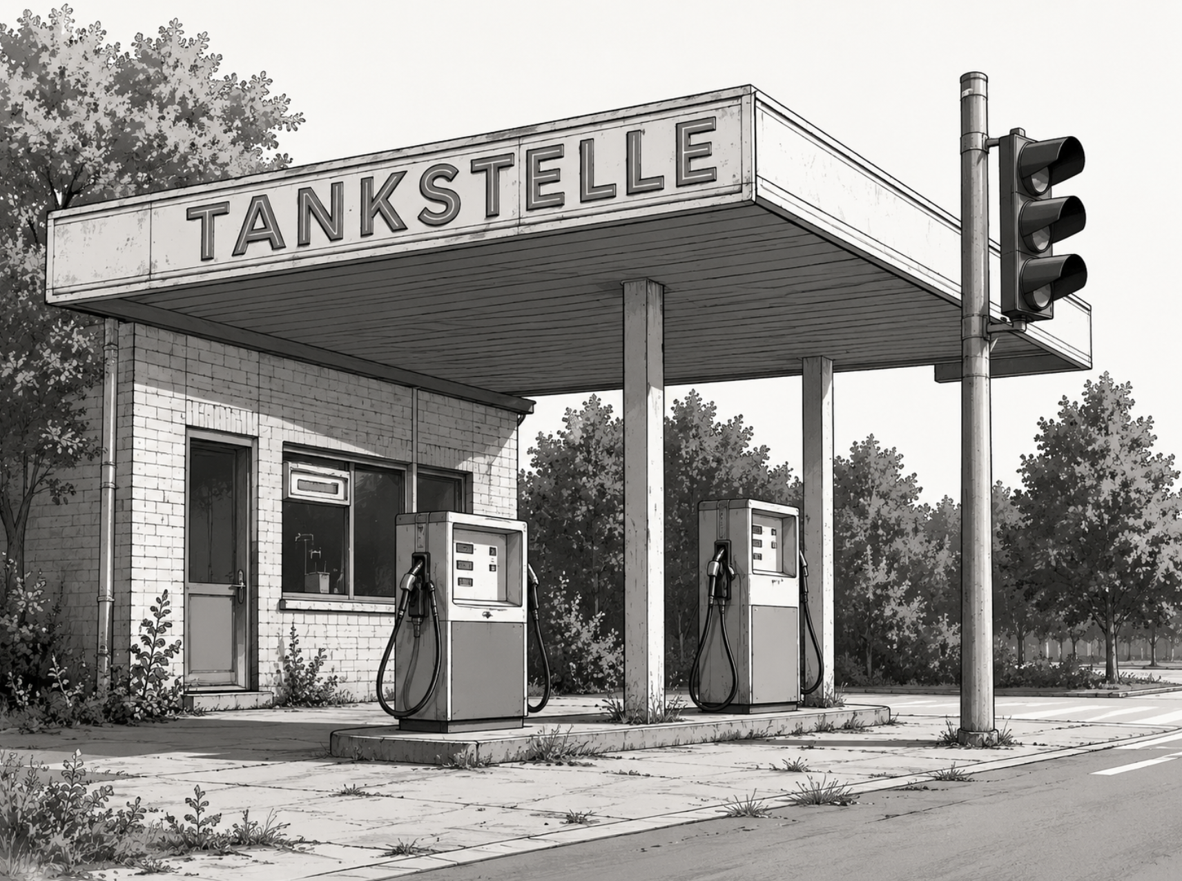 Tankstelle mit Zapfsäulen unter Vordach und einer Ampel daneben